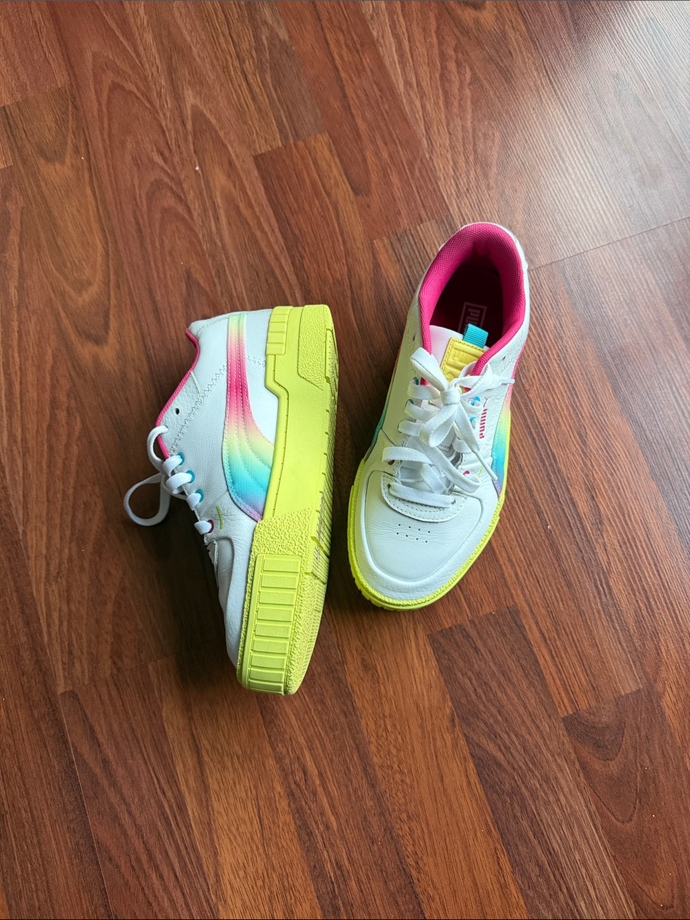 Puma White Sneakers with Neon Yellow Soles and Pink Lining - Picture 2 of 8